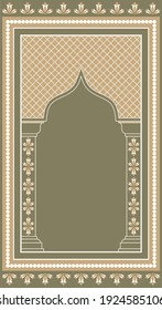Muslim prayer rug. Islamic textile design. Arabian ornamental decorative elements with mosque design. Arabian Praying mat. EPS10 Illustration.
