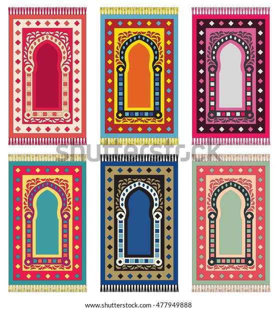 Muslim Prayer Rug. Islamic\
Textile. Mosque Flooring. Praying Mats. Middle Eastern pattern.\
Vector set.