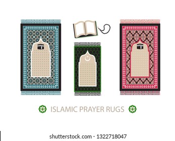 Muslim prayer rugs for the whole family. The perfect gift for Islamic holidays is Ramadan, Eid al-Adha, Eid al-Fitr, Eid Said, a birthday. Isolated prayer carpets, Quran, rosary on white background.1