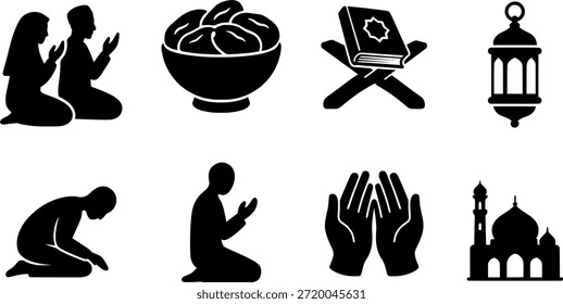 Muslimisches Gebet und Gottesdienst feste Ikonen mit Salah, Dua, Koran und Moschee Symbolen.