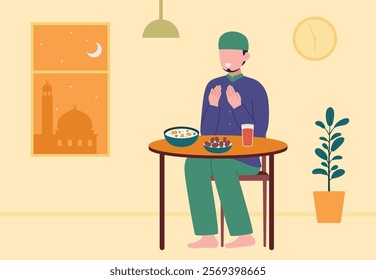 Muslim praying before having iftar during Ramadan vector design illustration