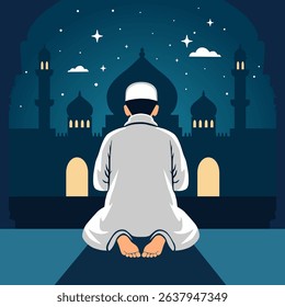 A Muslim praying in front of the mosque at night