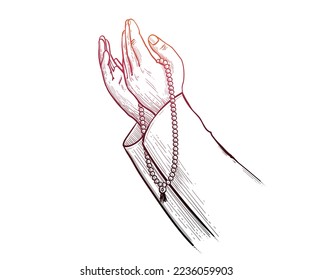 Muslim Praying man hands holding rosary line drawing. Line sketch of ramadan kareem and eid mubarak concept. Praying Hands isolated on white background.