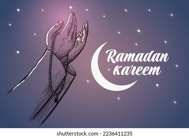 Muslim Praying man hands holding rosary line drawing. Line sketch of ramadan kareem and eid mubarak concept. Praying Hands isolated on dark background.