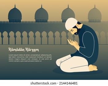 A Muslim is praying in a mosque. Islamic religion banner template.  Serene holy night background.