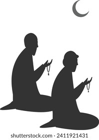 Muslim praying in Ramadan Illustration.
Muslim father and son pray together.
Cartoon a muslim man kneeling praying,
illustrator vector cartoon drawing. Flat
silhouette illustration isolated on white