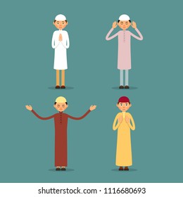 Muslim praying. Set Muslim or Arab men stand and pray. The performance of Muslim prayer by men with raised hands. Isolated characters of representatives of Islam on a background in a flat style.
