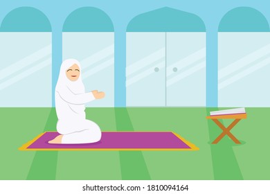 Muslim praying vector concept: Side view of woman sitting in the mosque while praying to her GOD