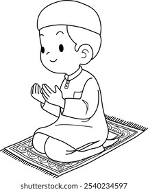 muslim praying,cartoon coloring outline isolated on white background,vector illustration