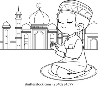 muslim praying,cartoon coloring outline isolated on white background,vector illustration