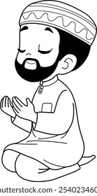 muslim praying,cartoon coloring outline isolated on white background,vector illustration