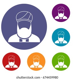 Muslim preacher icons set in flat circle reb, blue and green color for web