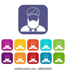 Muslim preacher icons set vector illustration in flat style in colors red, blue, green, and other