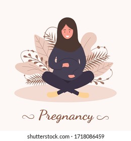 Muslim pregnant woman in abaya and hijab. Modern flat style vector illustration isolated on soft background.