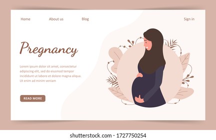 Muslim pregnant woman in abaya and hijab. Landind page template. Modern flat style vector illustration isolated on soft background.
