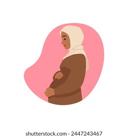 Muslim pregnant woman. Beautiful happy young lady wearing hijab. Vector illustration of Arabic female isolated in pink decorative frame. Healthcare during pregnancy