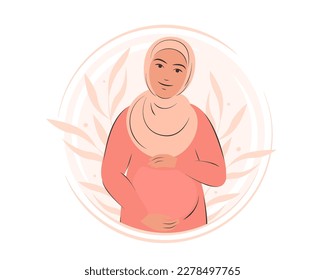 Muslim pregnant woman, future mom. Pregnancy and motherhood concept. Vector illustration.