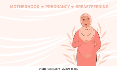 Muslim pregnant woman, future mom. Pregnancy and motherhood concept. Vector illustration.