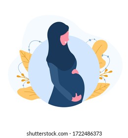 Muslim pregnant woman wearing abaya and blue hijab. Modern flat style vector illustration isolated on white background.