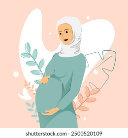 Muslim pregnant woman wearing a hijab, tenderly holding her belly on peach floral background