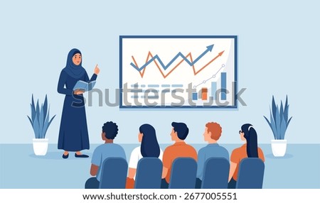 Muslim presenter leads business workshop for diverse team. Arabian woman giving business presentation. Arabic trainer talking pointing to whiteboard with graph. Education leadership inclusion