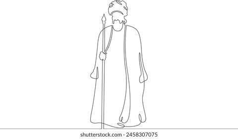 Muslim priest, Islamic clergyman. Male priest in full length in religious vestments. Religion. One continuous line. Line art. Minimum one line. White background. One line drawing.