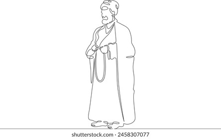 Muslim priest, Islamic clergyman. Male priest in full length in religious vestments. Religion. One continuous line. Line art. Minimum one line. White background. One line drawing.