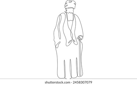 Muslim priest, Islamic clergyman. Male priest in full length in religious vestments. Religion. One continuous line. Line art. Minimum one line. White background. One line drawing.