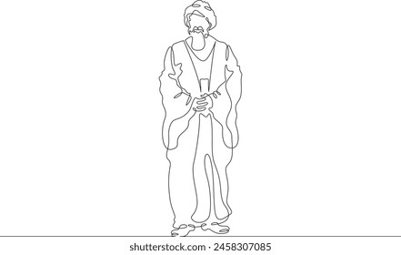 Muslim priest, Islamic clergyman. Male priest in full length in religious vestments. Religion. One continuous line. Line art. Minimum one line. White background. One line drawing.