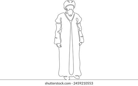 Muslim priest, Islamic clergyman. Male priest in full length in religious vestments. Religion. One continuous line. Line art. Minimum one line. White background. One line drawing.