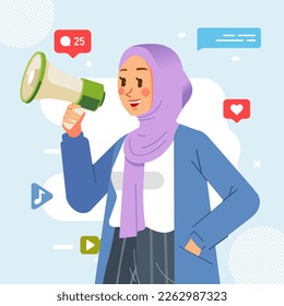 Muslim purple hijab young girl holding megaphone shouting loud announcing social media Promotion advertising concept