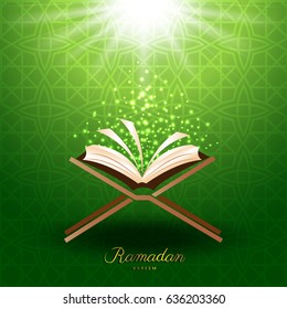 Muslim Quran with magic light on green background for ramadan of Islam