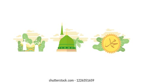 Muslim and Quran, Nabawi mosque, Muhammad letter, vector pack. Tiny flat Vector Illustration, Suitable For Wallpaper, Banner, Background, Card, Web Landing Page