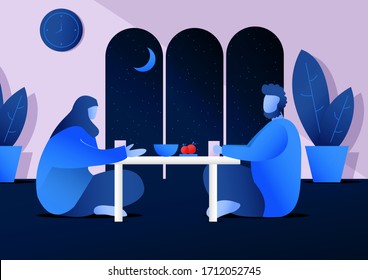 Muslim ramadan dinner or iftar in flat vector illusration. Muslim man and muslim woman with hijab eating iftar food during holy month ramadan. Ramadan kareem