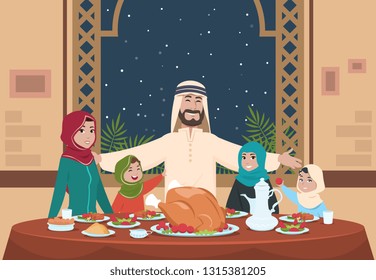 Muslim Ramadan Dinner. Saudi Family With Kids Eating Home. Ramadan Cartoon Vector Illustration
