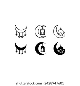 Muslimische Ramadan-Ikone Vektor-Illustration Design-Vorlage, Mond und Sterne, Mond und Moschee, Mond und Laterne.Isolierter weißer Hintergrund mit Linienstil und schwarzer Füllung.