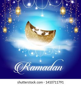 Muslim Ramadan or Ramzan festival background with moon and stars hanging in clouds in blue sky abstract Eid Mubarak - greeting vector