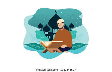 Muslim Reading The Quran Islamic Holy Book. Illustration Logo