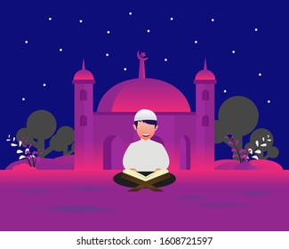 Muslim reading the Quran with a mosque background, vector illustration design