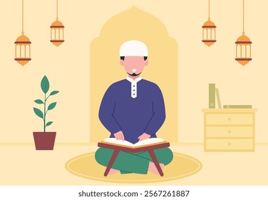 Muslim reading Quran on Ramadan vector design illustration