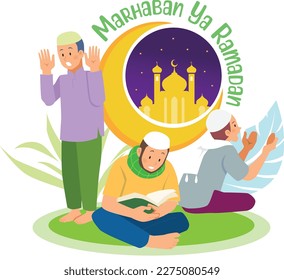 Muslim reads Quran and prays in Ramadan month. Suitable to use as Social Media Content, Greeting Cards, Landing Page, UI, Poster and Mobile Apps. FREELY ADJUSTED POSE. Vector Illustration