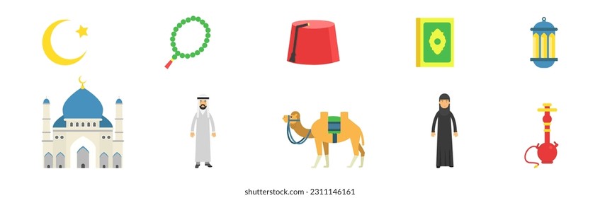 Muslim Religion Attributes with Mosque and Tasbeeh Vector Set