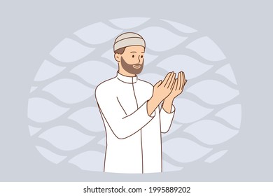 Muslim religion and rituals concept. Young smiling arab man cartoon character in white clothes standing looking at palms hands praying alone vector illustration 