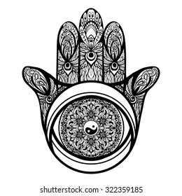 Muslim religious hamsa hand symbol with ornaments sketch vector illustration