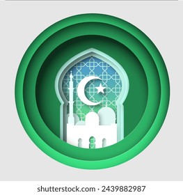 Muslim religious symbol vector illustration with mosque, star and crescent papercut craft origami design. Round frame with islamic traditional religious sign