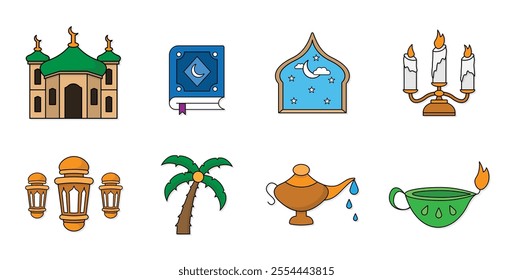 Muslim religious traditions icons set. islamic rosary things symbol, isolated on white background vector illustrations