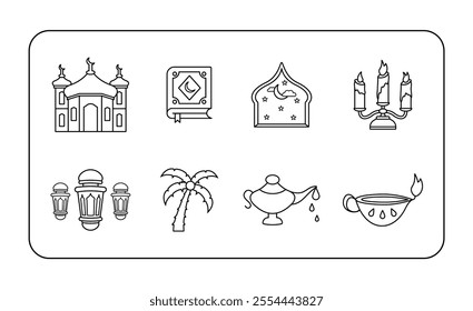 Muslim religious traditions icons set. islamic rosary things thin line contour symbol, editable stroke, isolated on white background vector