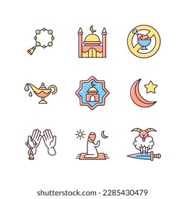 Muslim religious traditions RGB color icons set. Islam rosary thing. Star and crescent. Lamp with oil for burning. Isolated vector illustrations