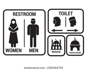 Muslim restroom sign, prayer room mosque sign symbol, isolated on white background.