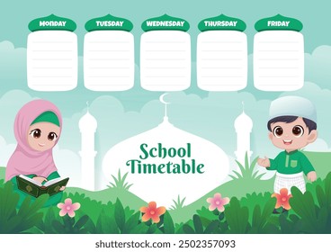 Muslim school timetable template, a pair of Muslim children with a fresh natural landscape vector illustration